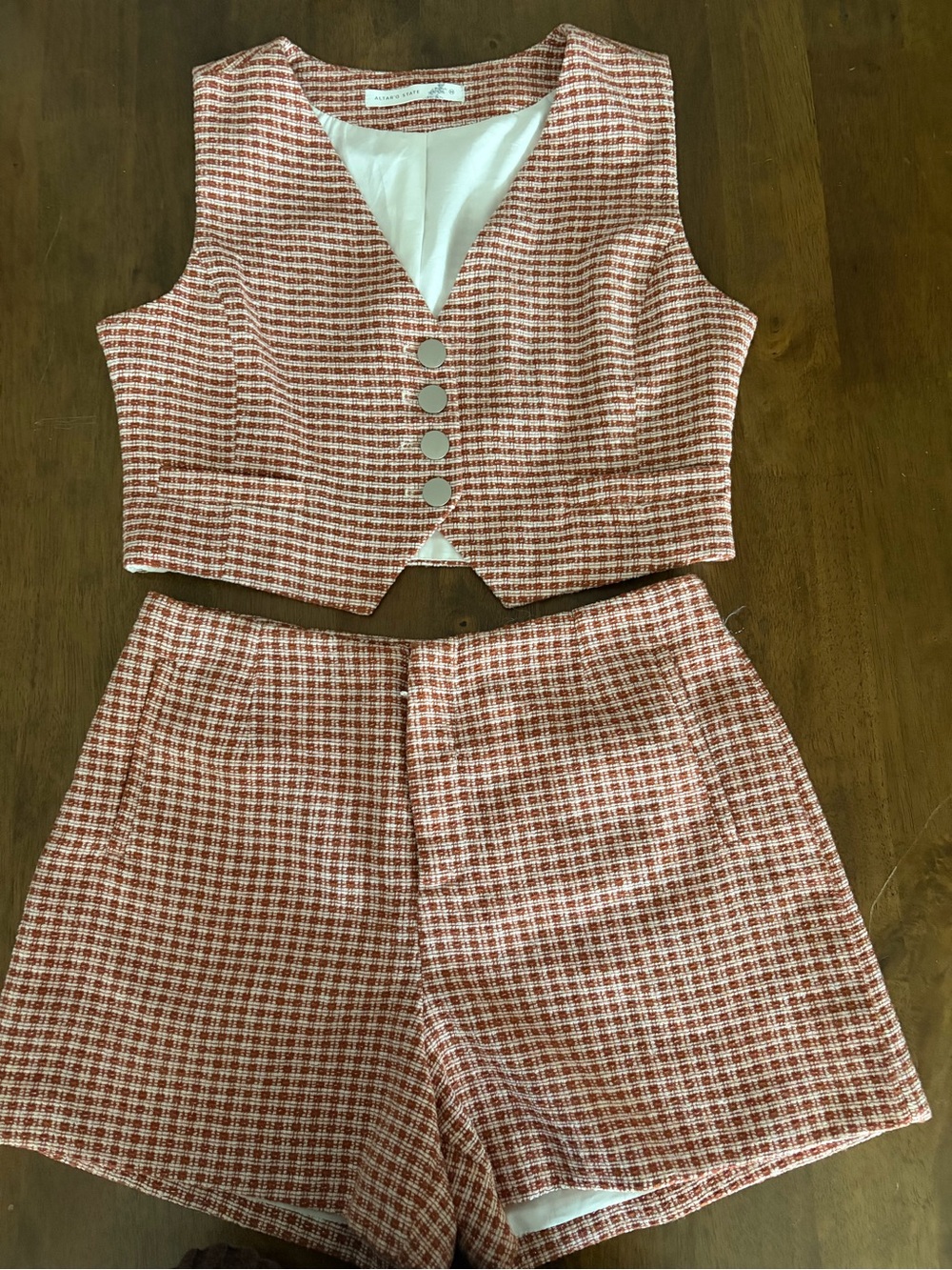 Altar’d State Two-Piece Tweed Crop Vest & Shorts Set in Rust Gingham Plaid
